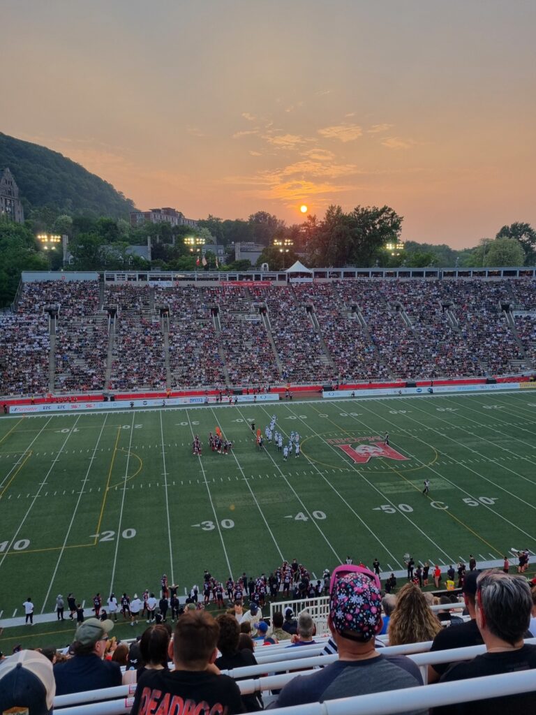 View of a football game in Percival Molson stadium